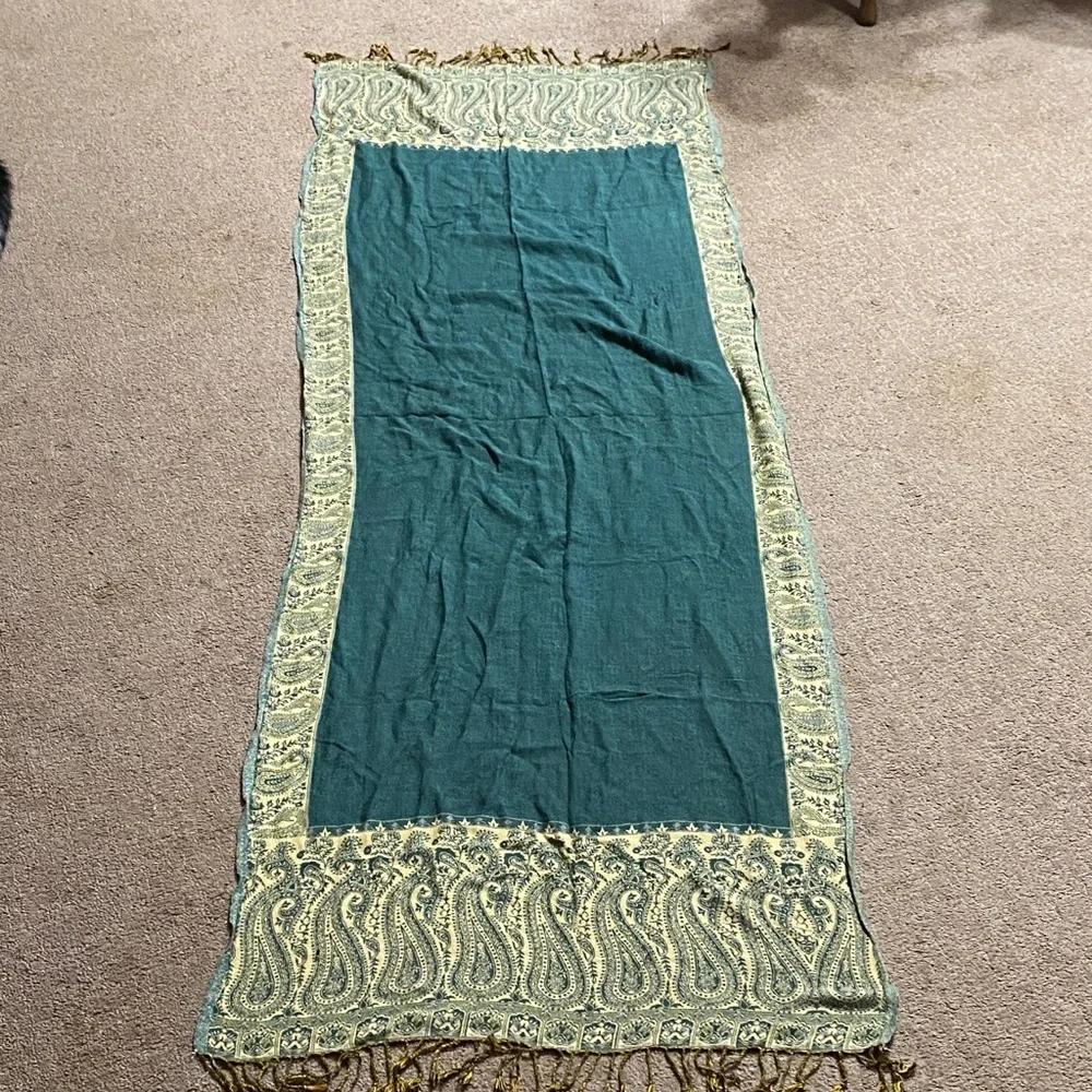 Wool/Cashmere Pashmina/Shawl Scarf Greenish-Teal and Gold with Paisley